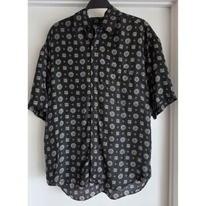 Silk Uomo Men Short Sleeve Shirt M Black Geometric Vintage Button-Up